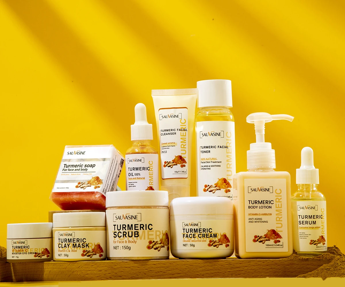 Ensemble de soins de la peau du visage au curcuma, kits de produits pour le visage, anti-acné, éclaircit les taches foncées, crème hydratante plonger oyante pour la peau foncée, ensemble de maquillage