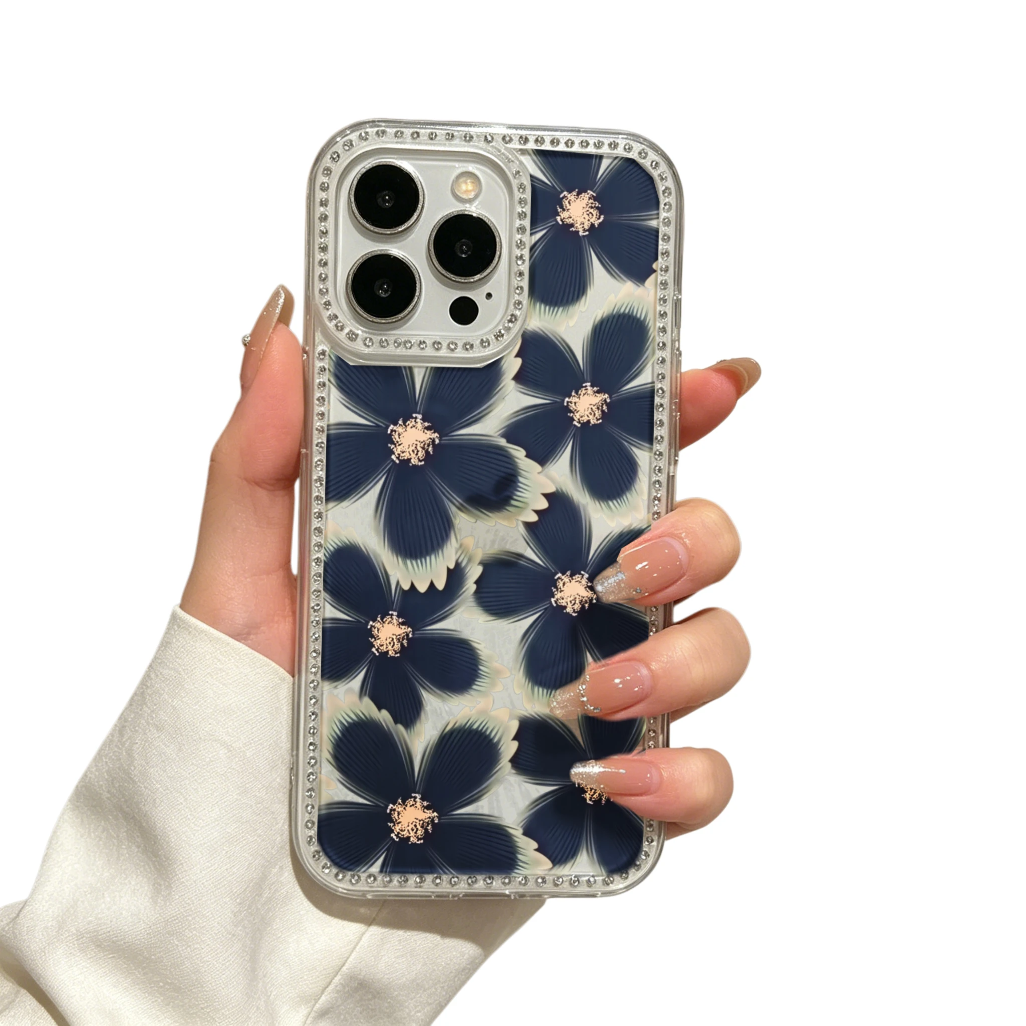 Clear Bling Rhinestone TPU Phone Case  Elegant Floral, Navy Blue Flowers With Rhinestone Accents And Pearl Border Design  Shockproof Slim Protective Cover for iPhone 12-16 All Models view 5