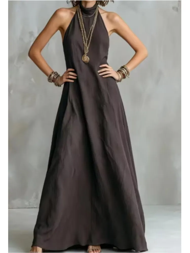 

New Vintage Solid Hollow Out Halter Maxi Dresses Women Sleeveless Loose Flowy Casual Long Dress Summer Beach Holiday Maxi Dress