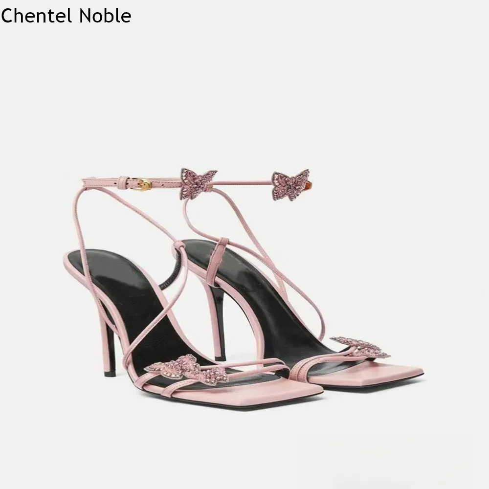 

Butterfly Rhinestone Strappy Sandals Summer Sexy High Heels Square Toe Thin Heels Crystal Strap Black Women's Shoes