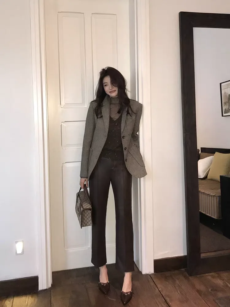 

mat Bla Genuine Leather Cigarette Pants Women's Faion Slim Fit Straight Leg Long Trousers Winter New Arrival