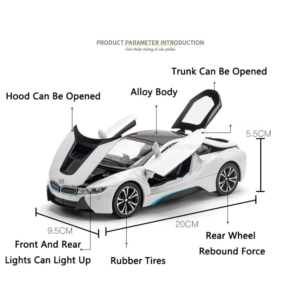 1:22 BMW I8 ของเล่น Miniature รถ Diecast Alloy Sportcar ยางยางโลหะเสียงดึงกลับรถคอลเลกชันของขวัญ