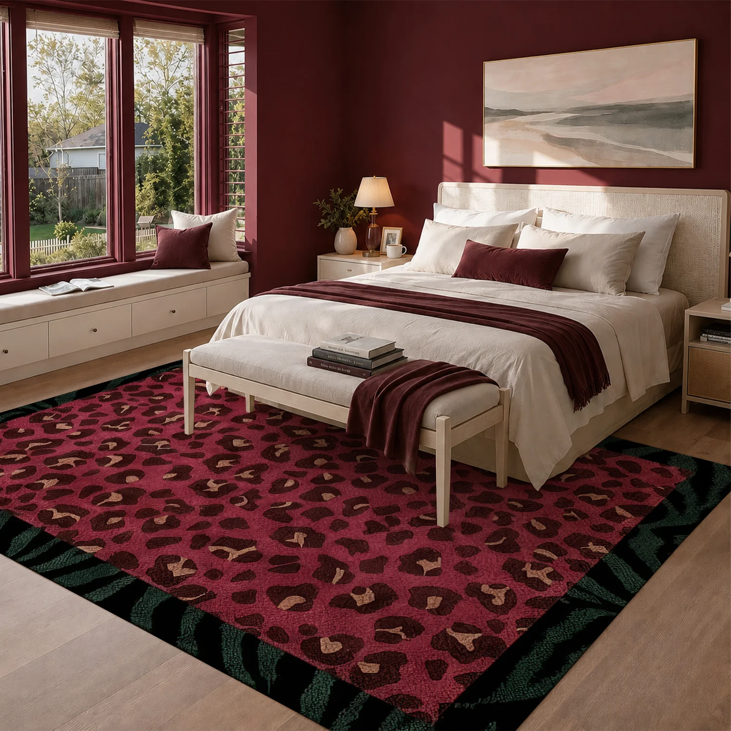 Large Indoor Area Rug, Soft Velvet Low Pile Non-slip Dotted Backing, Machine Washable Hot Pink Leopard Print with Dark Green Zebra Border, Great for Living Room, Bedroom, Entryway Floor Decor