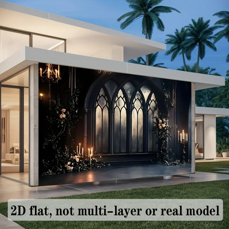 1 piece of Gothic arched window candlelight theme background cloth, made of polyester, suitable for home and wall decoration view 2