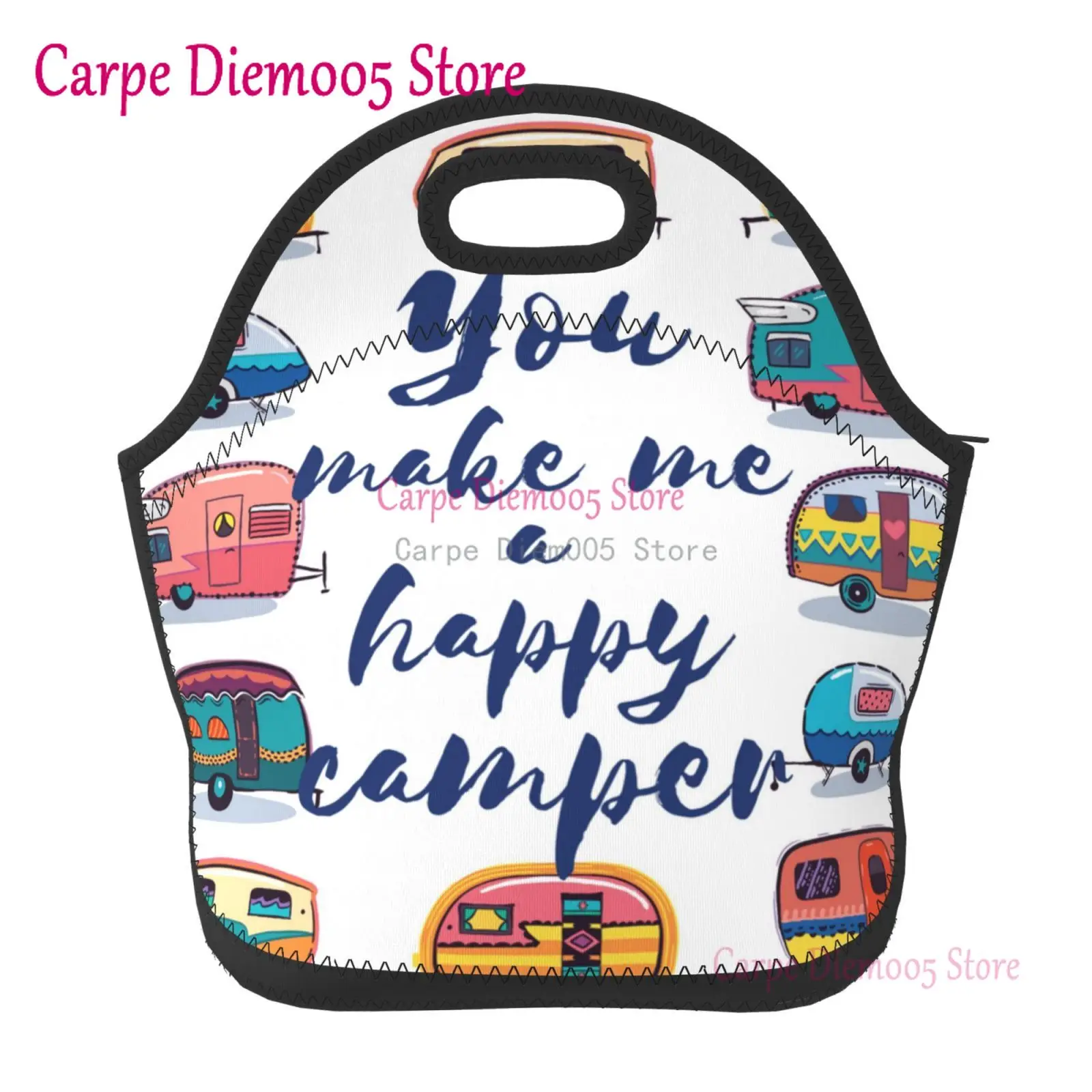 Happy Camper Neoprene Lunch Bag/Lunch Box/Lunch Tote/Picnic Bags Insulated Cooler Travel Organizer School Work Office