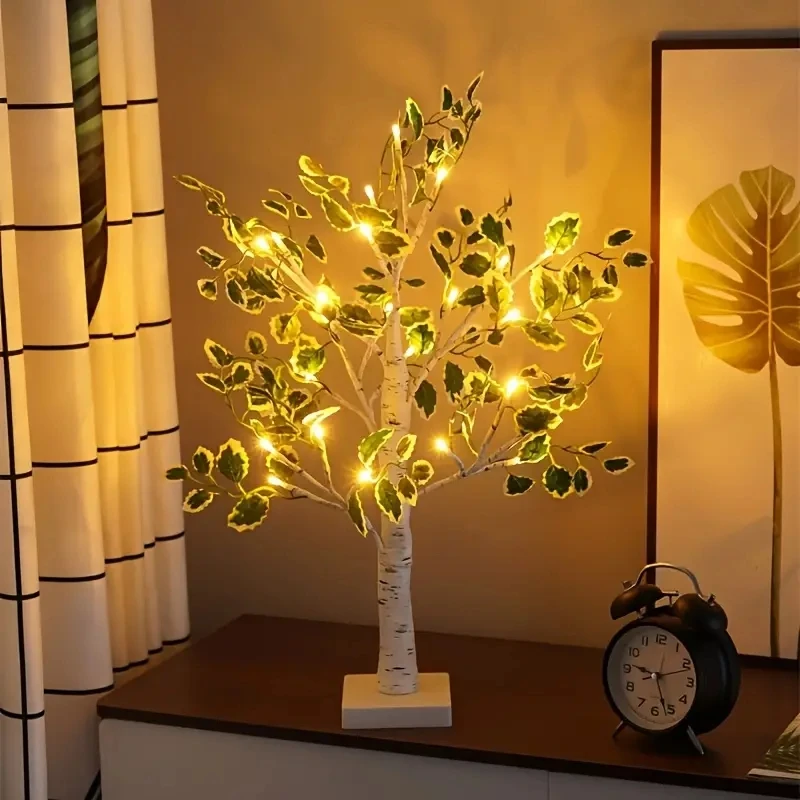 1PC Led Tree Light Indoor Simulation Green Leaves White Birch Tree Home Decoration Lights Christmas Party Popular Luminous Tree