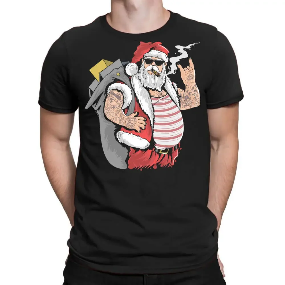 YuleTattoo T-shirt à manches courtes de Noël drôle, Cool Fat Santa Claus, 100% coton, haute qualité