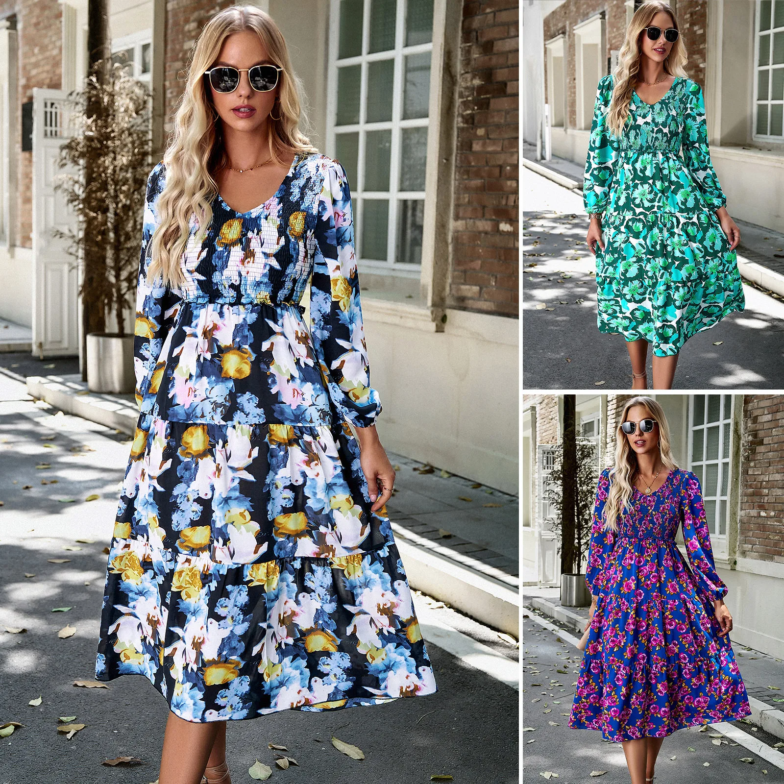 

Women's Clothing Printed Dress Autumn And Winter Cross-border Amazon Temperament Elegant V-neck Long Dress