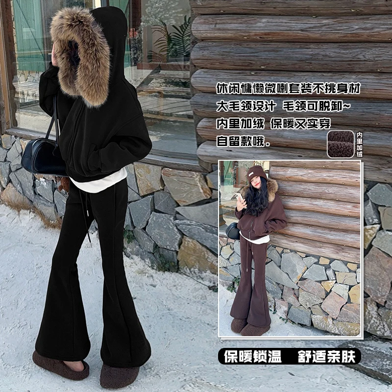 

Зимний бархатный комплект одежды для девочек-подростков, куртка на молнии с меховым воротником и капюшоном + брюки-клеш, 2 предмета, пальто для маленьких детей, брюки, костюм, наряды для детей