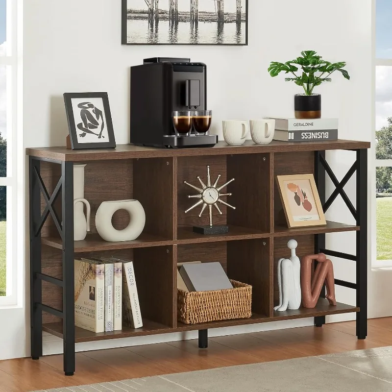 

Cube Storage Organizer Shelf, Industrial Horizontal Bookshelf with 6 Cubes, Rustic Low Cubby Bookcase with 3 Shelves,