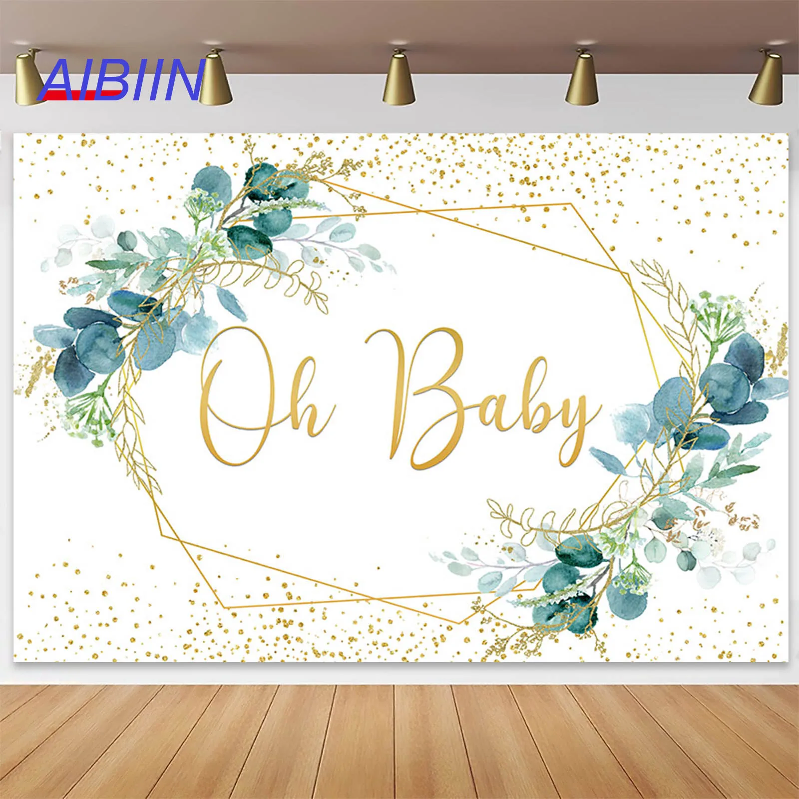 AIBIIN Oh Baby Backdrop Green Leaf Birthday Baby Shower Party Decoration Banner Golden Dots Cake Smash Photography Background