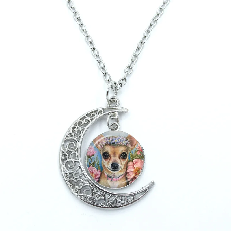 Cute Chihuahua Glass Dome Cabochon Crescent Moon Necklace Statement Jewelry Gifts