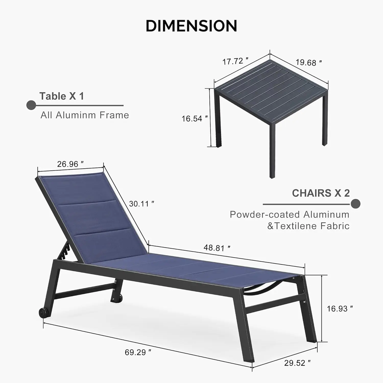 Extra grote chaise longue voor buiten, 2-delige aluminium patio-loungestoel met wielen, ligstoel voor terraszwembad