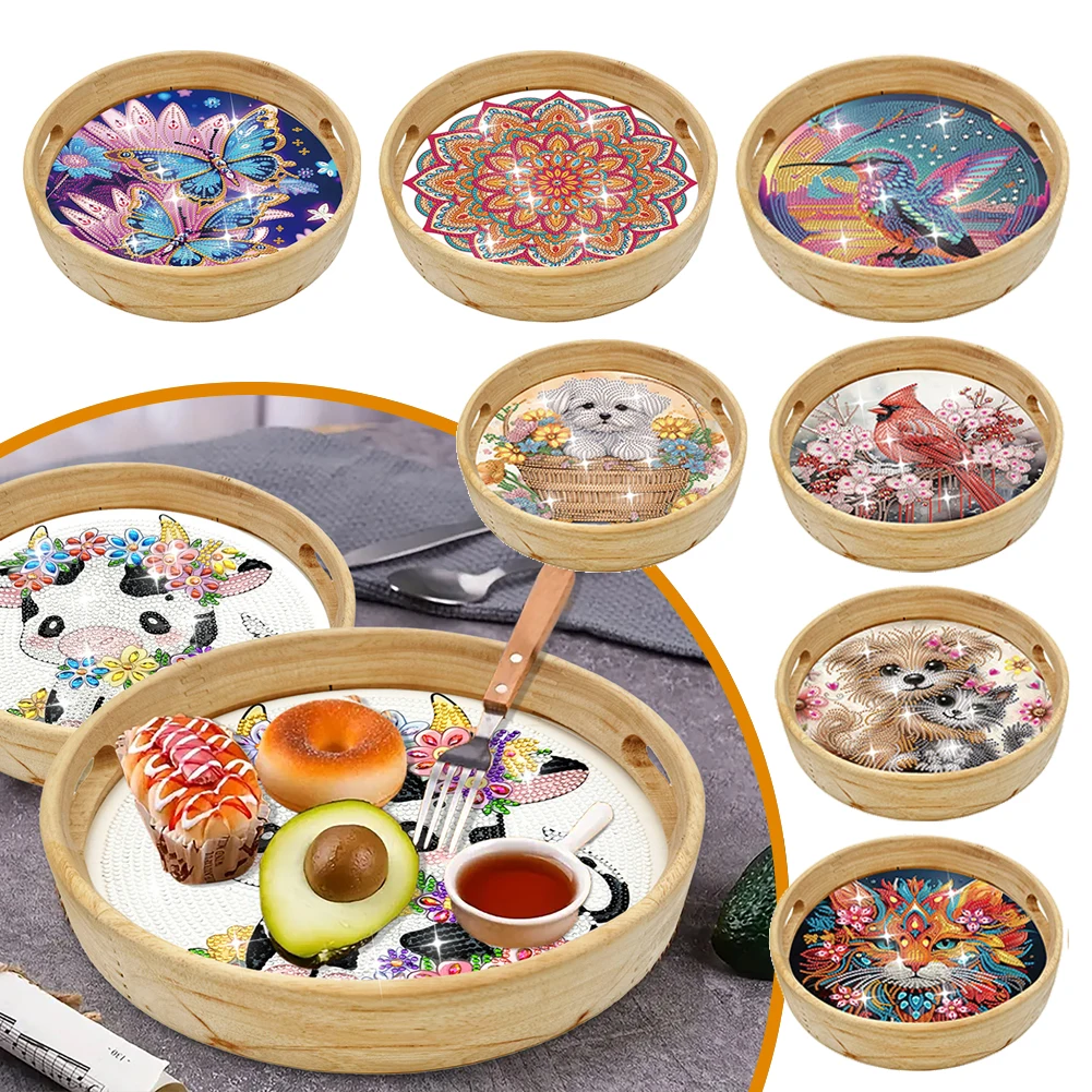 5D DIY Diamond Painting Serving Tray Wooden Animal Colorful Diamond Food Dinner Plate Round Diamond Decorative Serving Tray