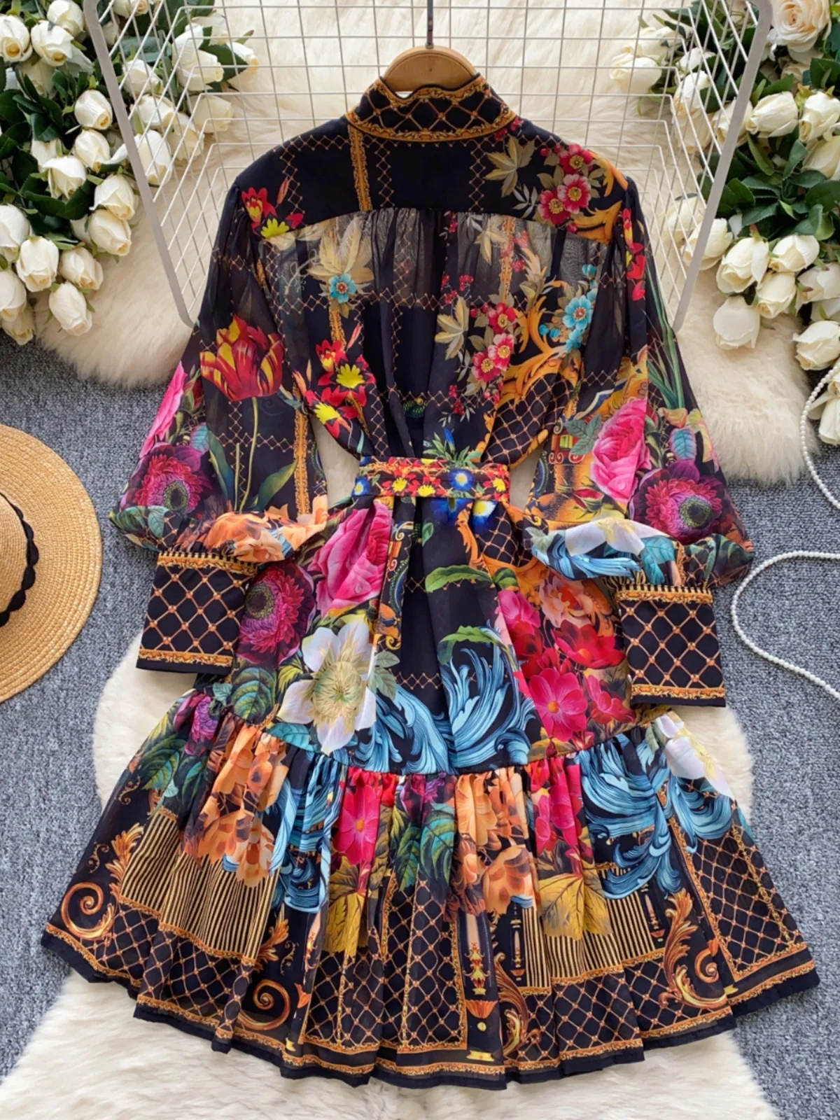 Gonna a trapezio a vita alta snellente Gonna coreana Sle lunga Sve Midi Dr con lanterna Sves Colletto rialzato Orlo in pizzo pieghettato Raso...