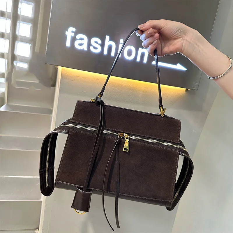 Brand Design Women's Shoulder Bag Brown Trendy Suede Messenger Bag Niche Zipper Ladies Handbag Large Leather Tote Bag Backpack