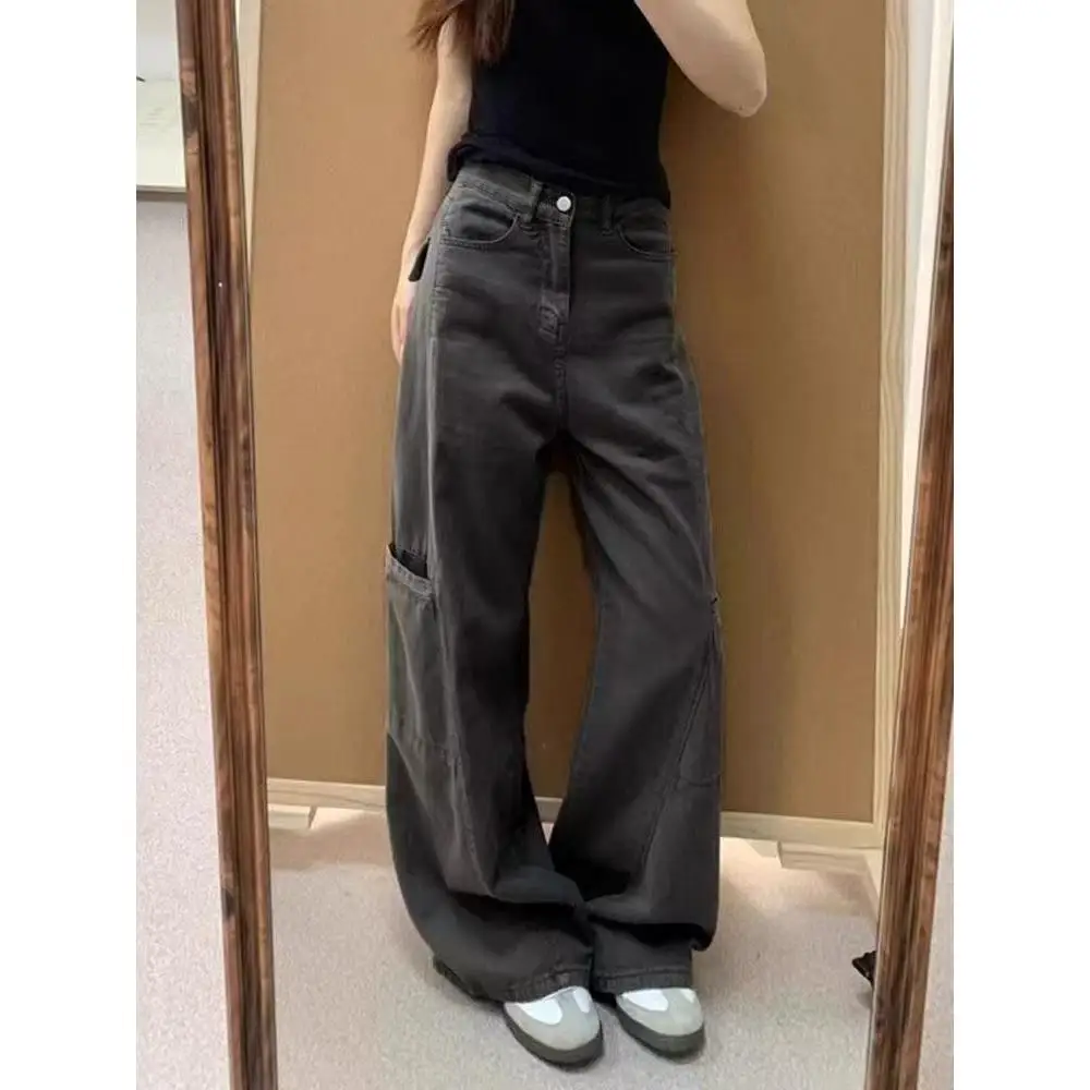 Americano retro ey perna larga calças de trabalho cintura alta solta magro em linha reta jeans para as mulheres verão wear casual algodão