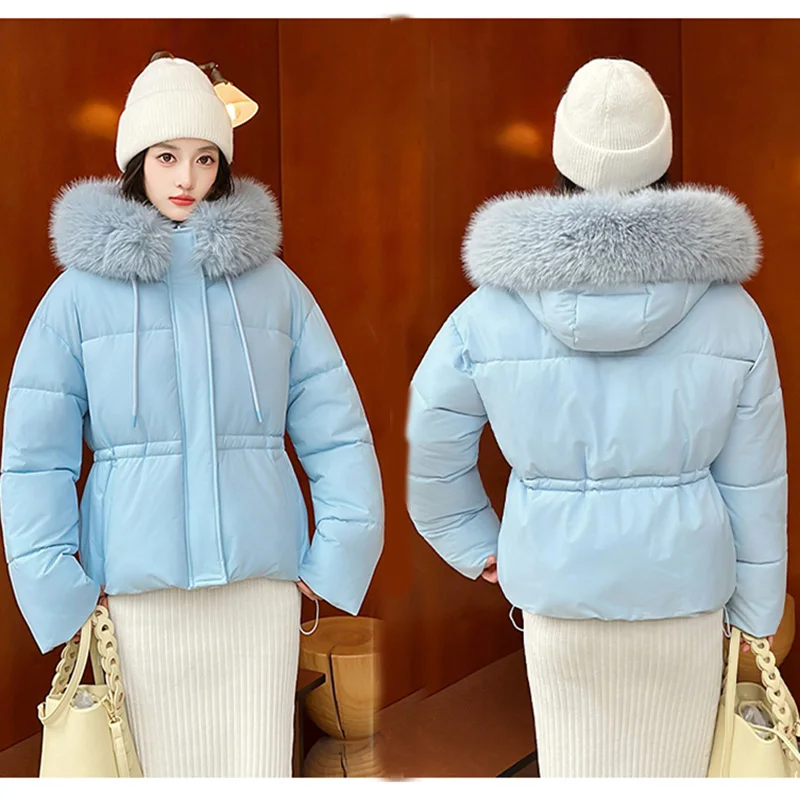 Female Winter Waist Cinched Slim Parka Faux Fur Hood Short Quilted Jacket Long Sleeve Insulated Casual Streetwear Outer Layer