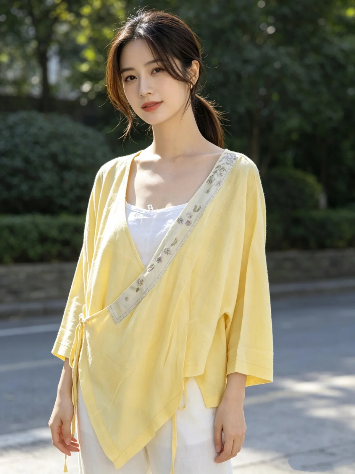 Spring women's shirt yellow 100% linen V-neck two-piece blouse Vintage embroidery lace-up Chinese-style tops