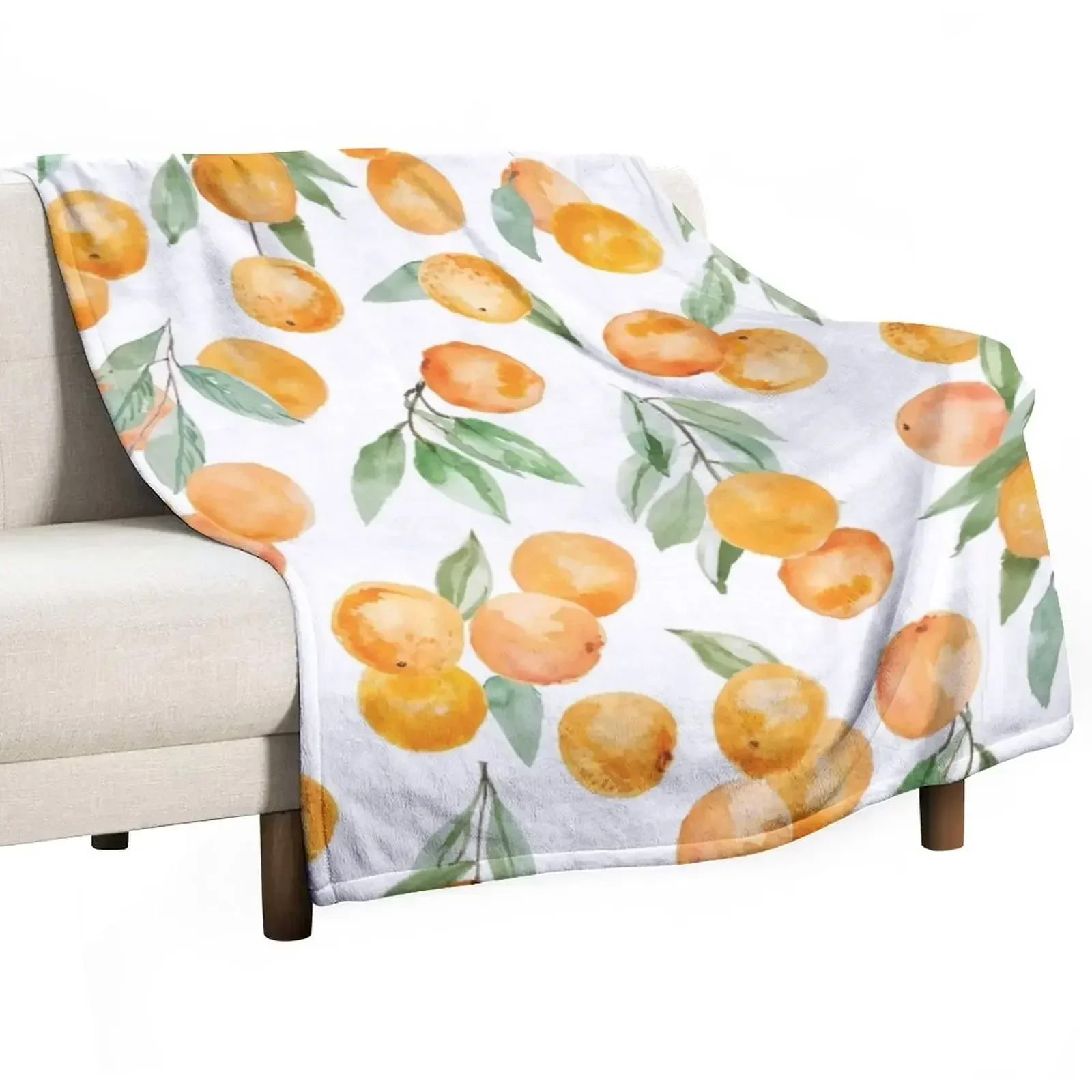 

Oranges with Leaves Watercolor Pattern Throw Blanket Flannel funny gift Bed linens Blankets