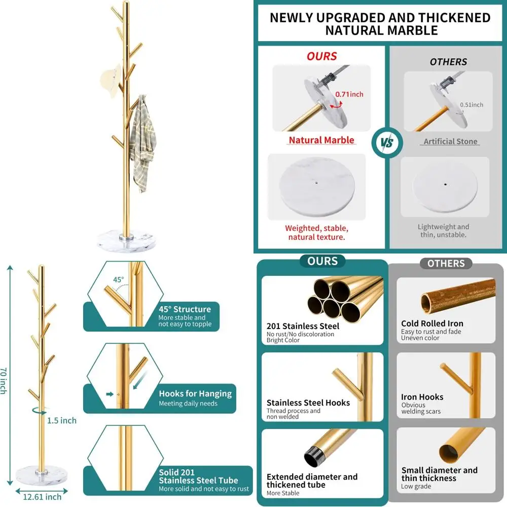 

Отдельностоящая вешалка из нержавеющей стали с 8 крючками и основанием из натурального мрамора для шляп и пальто