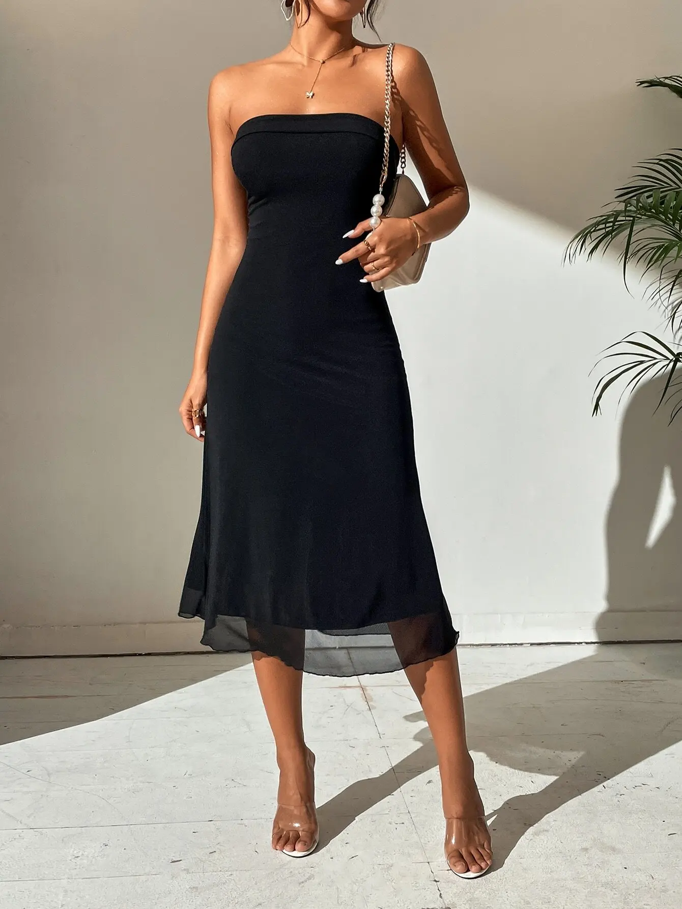 

Black Strapless Bodycon Midi Dress with Sheer Hem, Summer Elegant Women's Dress