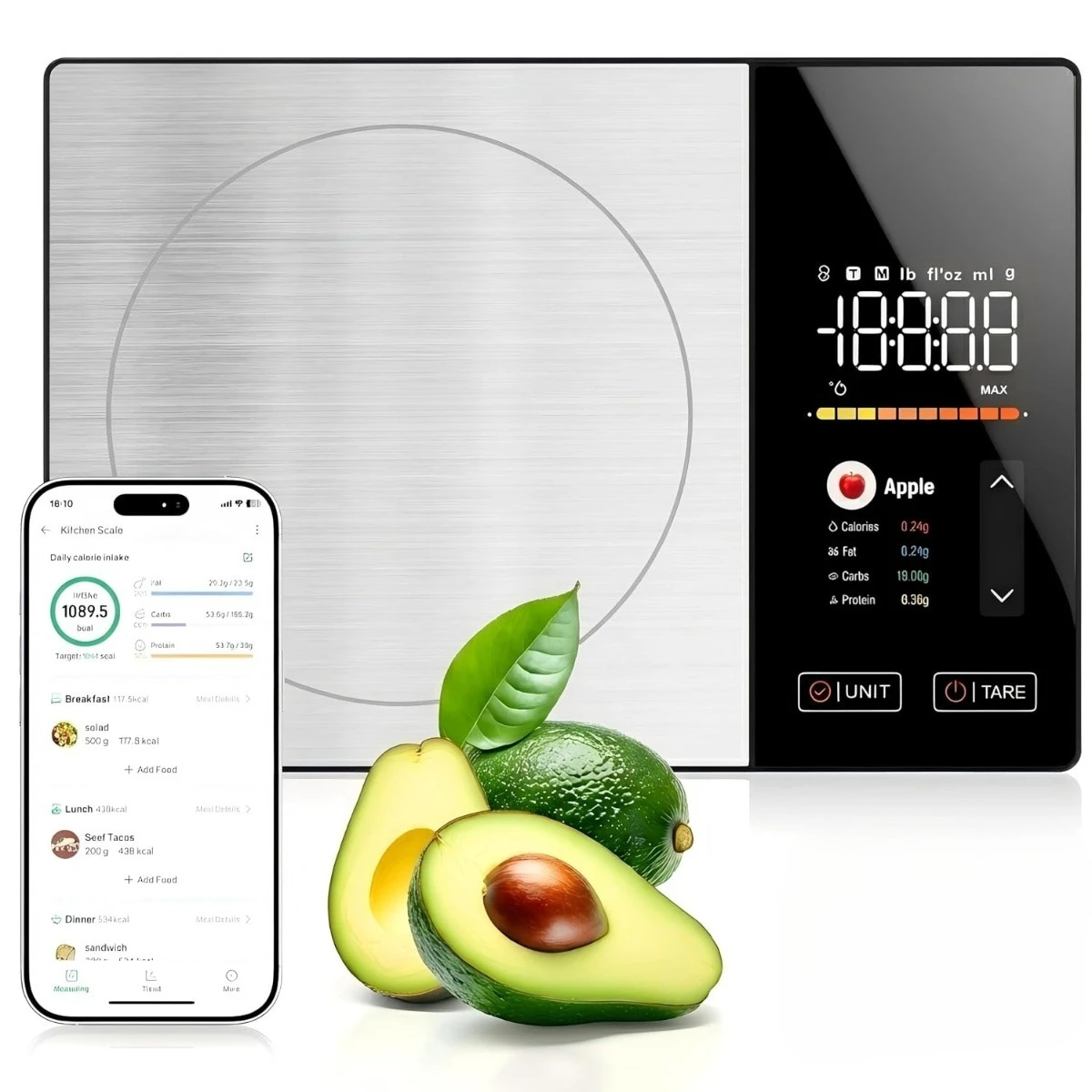 Smart Food Scale with App Color TFT Screen Tracks 24 Nutrients 1g 0.1oz Precision 11lb 5kg Kitchen Scale for Weight Loss Diet