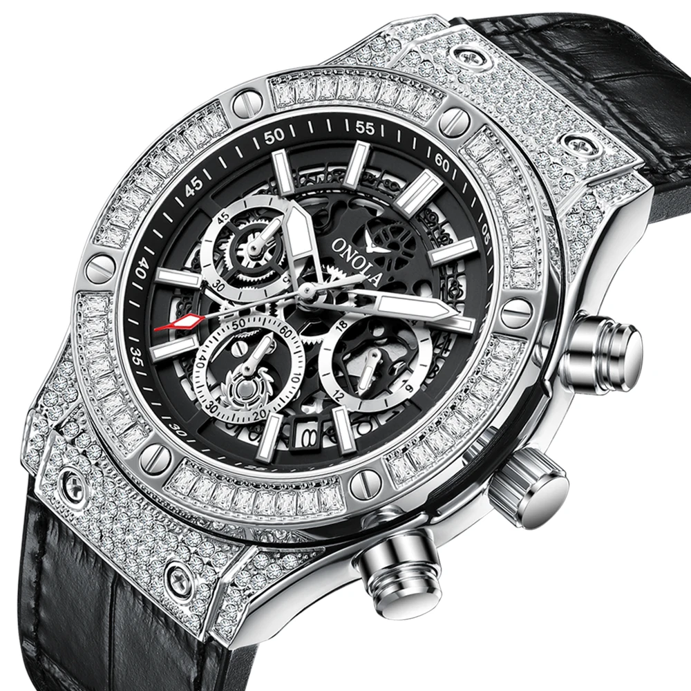 

ONOLA 6856, элегантный изысканный мужской комплект с бриллиантами, кварцевые часы с полым циферблатом, водостойкий хронограф, часы-календарь, подарок, reloj hombre