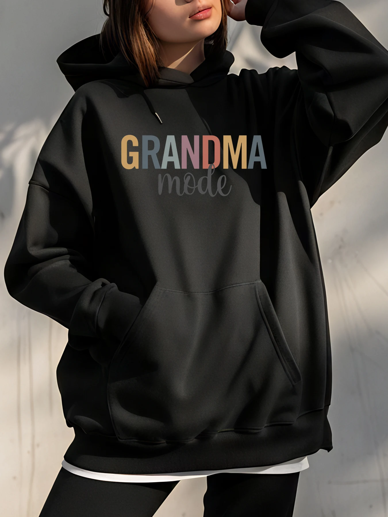 Grandma Mode Hoodie with Colorful Text Print Casual Streetwear for Women Urban Outfit Style