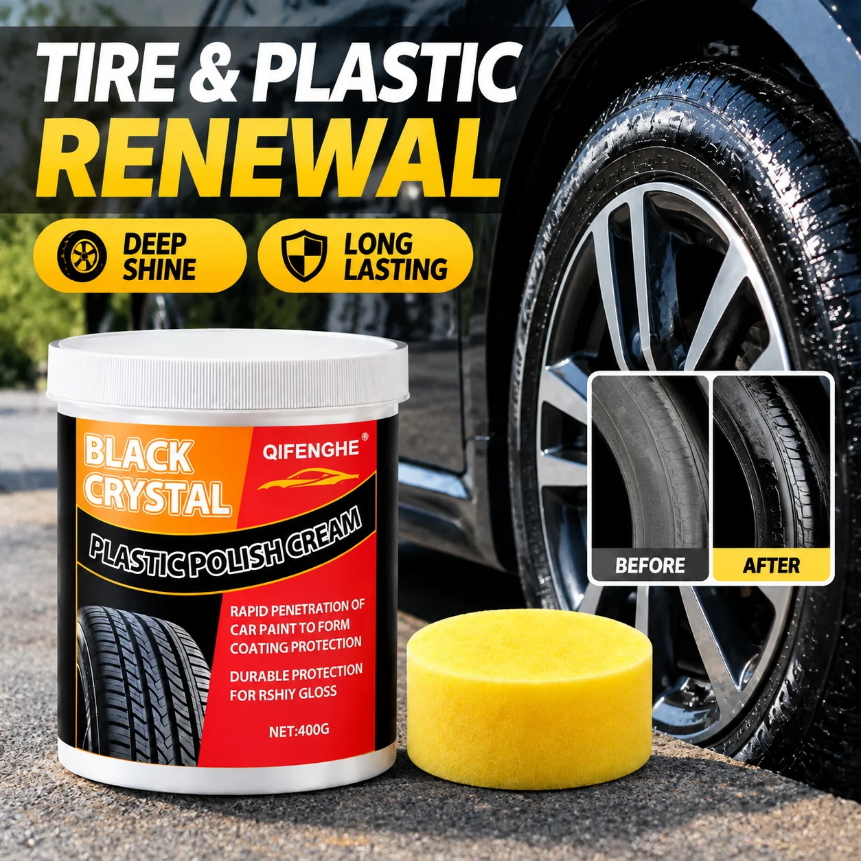 400G Premium Car Tire Shine Wax, Tire And Plastic Renewal Wax, Interior Gloss Polish, Black Car Anti-Yellowing Nano Crystal Coat