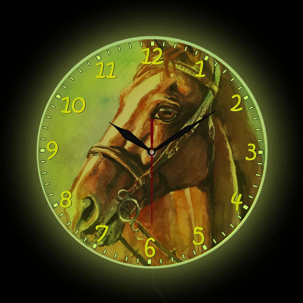 Horse Head Modern Design Wall Clock With LED Backlight Pony Design Animal Home Decor Watch Luminous Wall Clock Horse Riders Gift