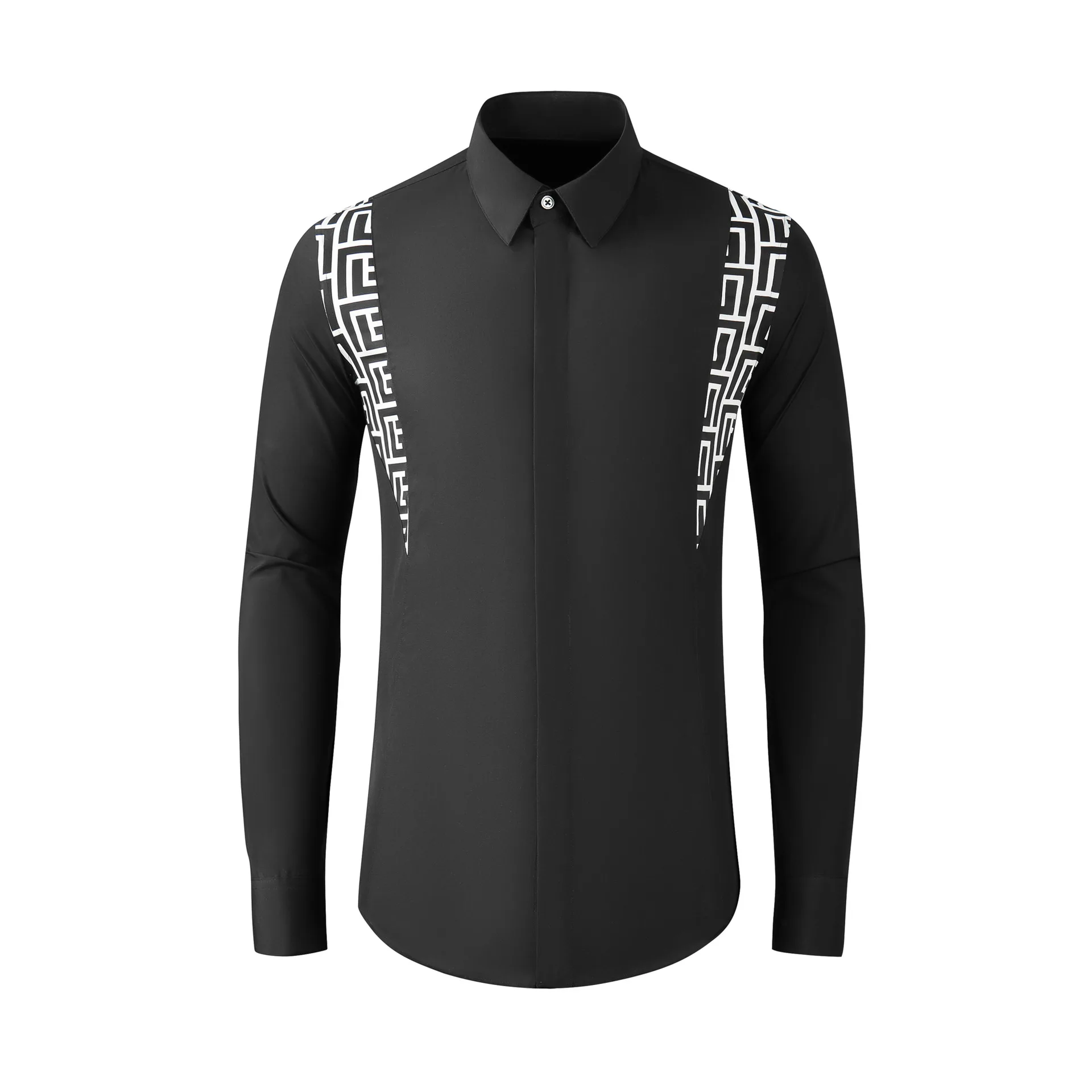 2024 printed patchwork long sleeved fitting fashionable cool men's contrasting color personalized men's shirt