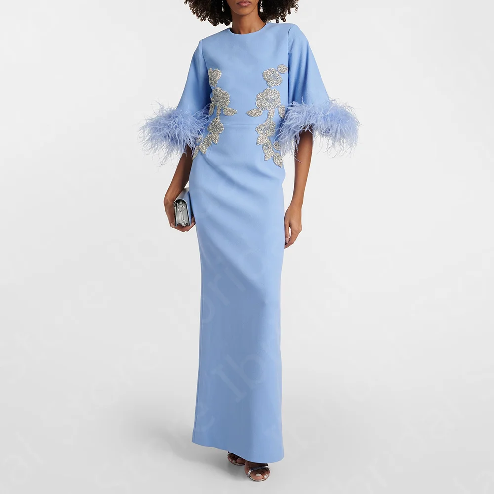 

New Baby Blue Feather Dress 2024 Mother Gown for Women 3/4 Sleeve Mother of the Bride Dress Arabic Wedding Guest Gown Back Slit