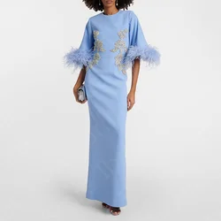 Robe de mère de la mariée à manches 2024 pour femmes, robe de plumes bleue bébé, robe d'invité de mariage arabe, fente arrière, nouveau, 3/4