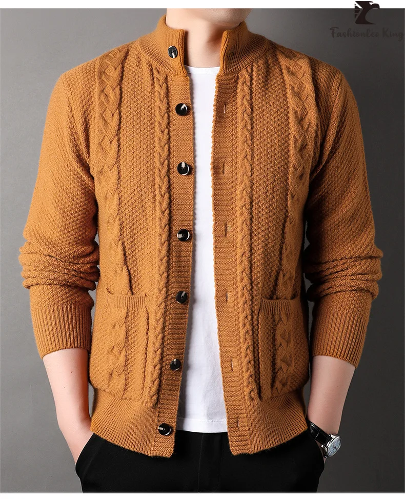 Luxury Men\'s Long Sleeve Cardigan Sweater Classic Plaid Knitted Fashion Knit Jacket Coat