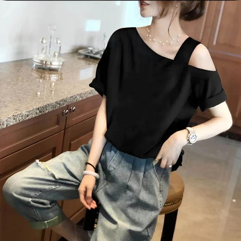 Casual Off Shoulder Solid Simplicity Pullovers Top Women Clothing Short Sleeve Loose Vintage T Shirts Fashion Lazy Style Summer