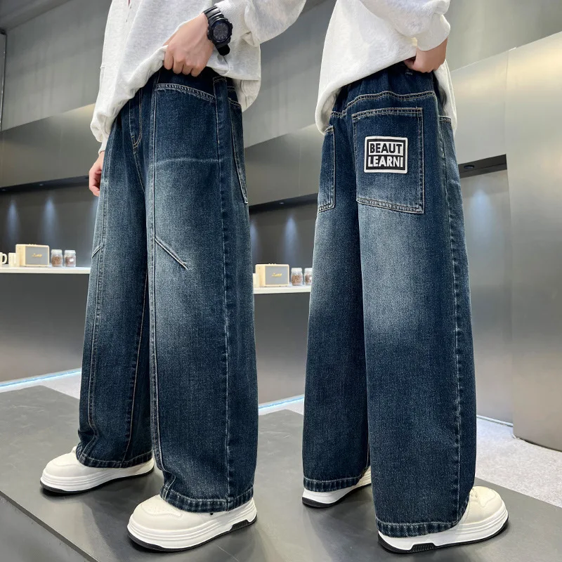 

﻿Boys Children's Jeans Soft Loose Straight Leg Denim Pants Trendy Brand Autumn New Style Handsome Wide Leg Trousers for Teenage