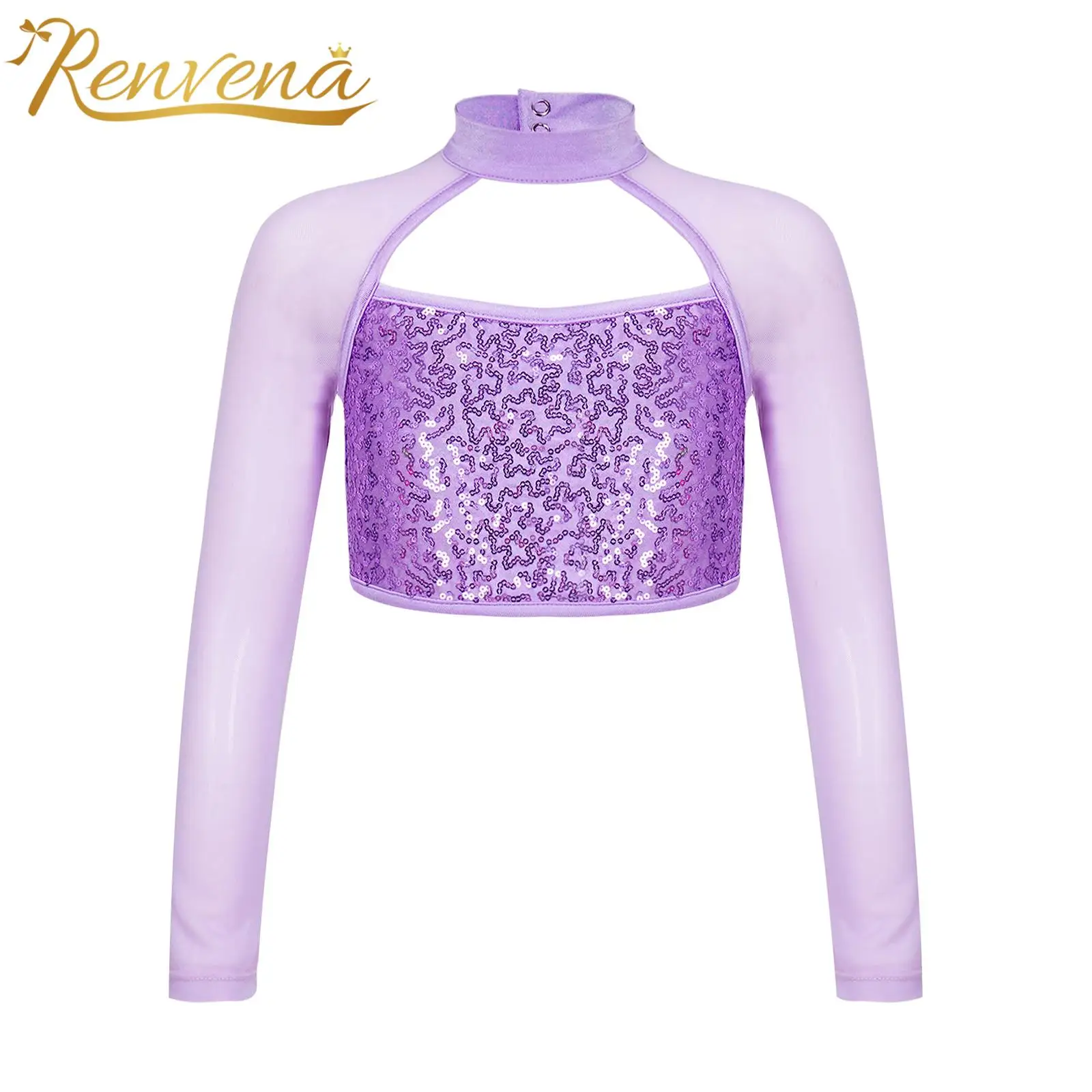 Kids Girls Long Sleeve Hollow Out Shiny Sequins Dance Crop Top Ballet Tops for Jazz Dancing Gymnastics Yoga Fitness Dancewear