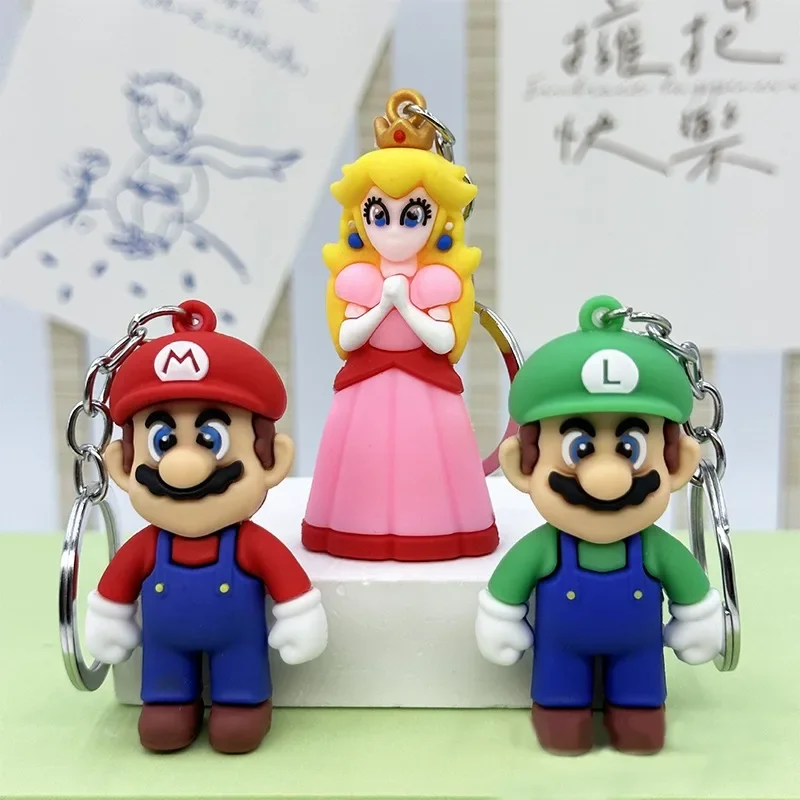 Super Mario Bros PVC Figura Chaveiro, Pingente de Animação, Princesa Peach Bowser Chaveiros, Acessórios para sacos de carro, Presentes DIY Jóias