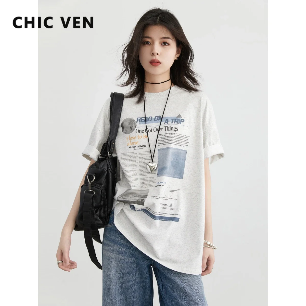 CHIC VEN Women T-Shirts Loose New Retro Round Neck Newspaper Print Short Sleeve Tees Loose Female Top Summer 2024