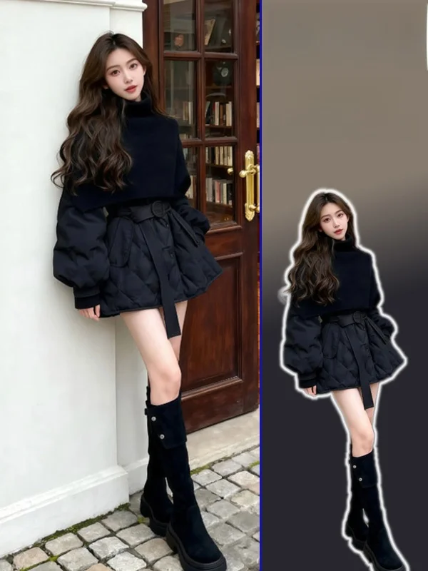 

plus Size Winter Cotton Jaet Coat Women's Knitted Wrap oulder High Collar Warm Thi Long Sve Casual Faion Set