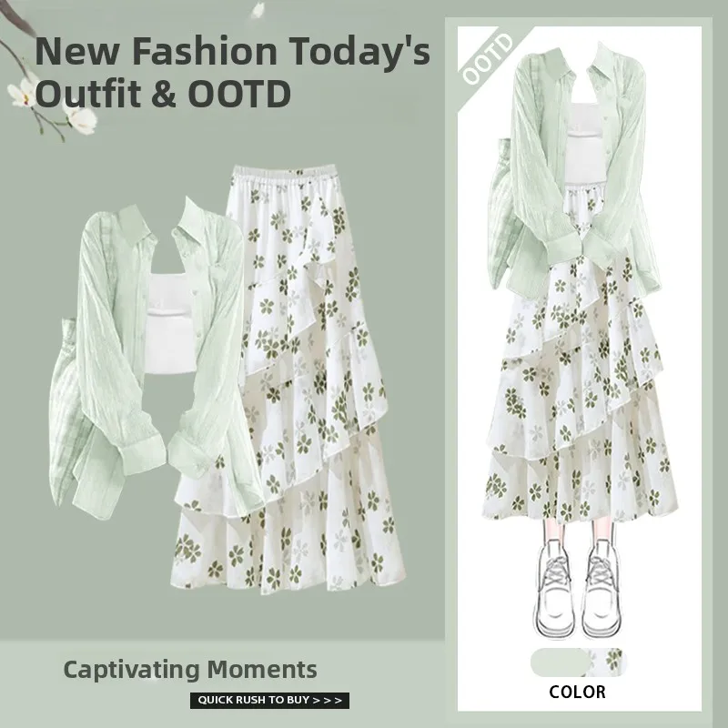 

Summer New Faionable Sun Protection irt Strap ter Floral f Skirt Two-Piece Set Anti-Aging Ele Polyester Fiber