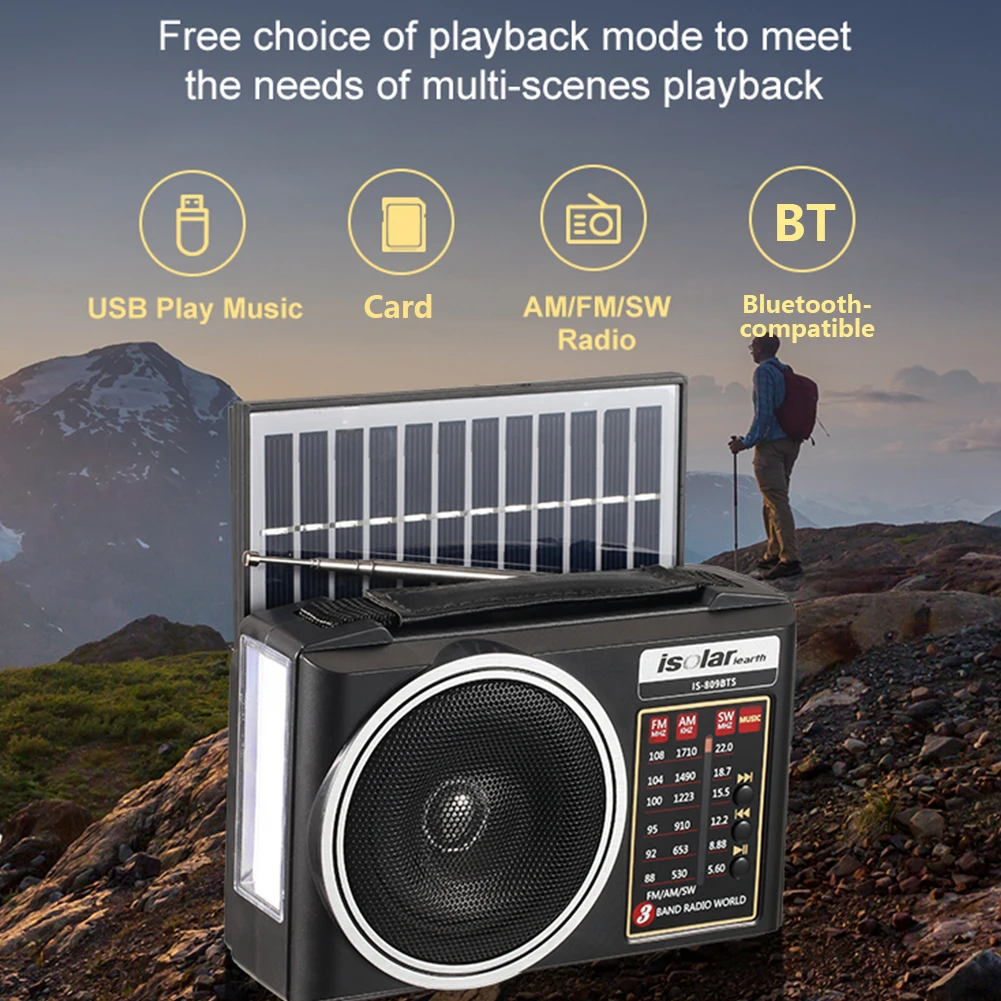 AM FM SW Multiband Radio Stereo Receiver Portable Solar Weather Radio Battery Powered Bluetooth-compatible Speaker w/Flashlight