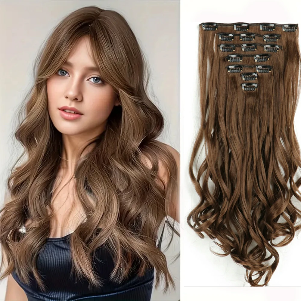 22inch long body wave curly 16 Clip-on synthetic hair extension wigs 7pcs/set Increase hair volume women Hairpiece accessories