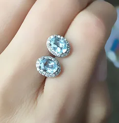 100% Natural Aquamarine Stud Earrings for Woman 5mm*7mm Aquamarine Silver Earrings 925 Silver Aquamarine Jewelry
