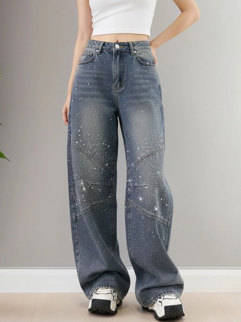 

2026 Новые модные широкие джинсы с высокой талией, женские облегающие джинсы в стиле ретро, длиной до пола, повседневные джинсы прямого кроя с бриллиантами