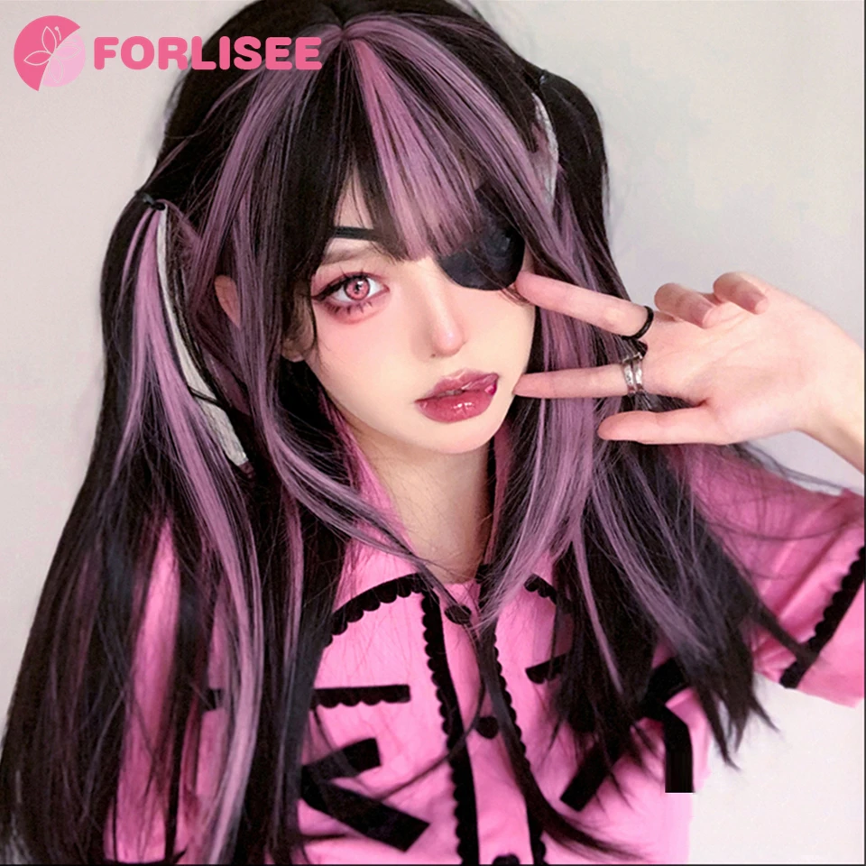 FORLISEE 하이라이트 블랙 앤 핑크 긴 스트레이트 헤어, 앞머리 있는 합성 코스프레 로리타, 달콤하고 귀여운 핫 걸 JK 데일리 가발