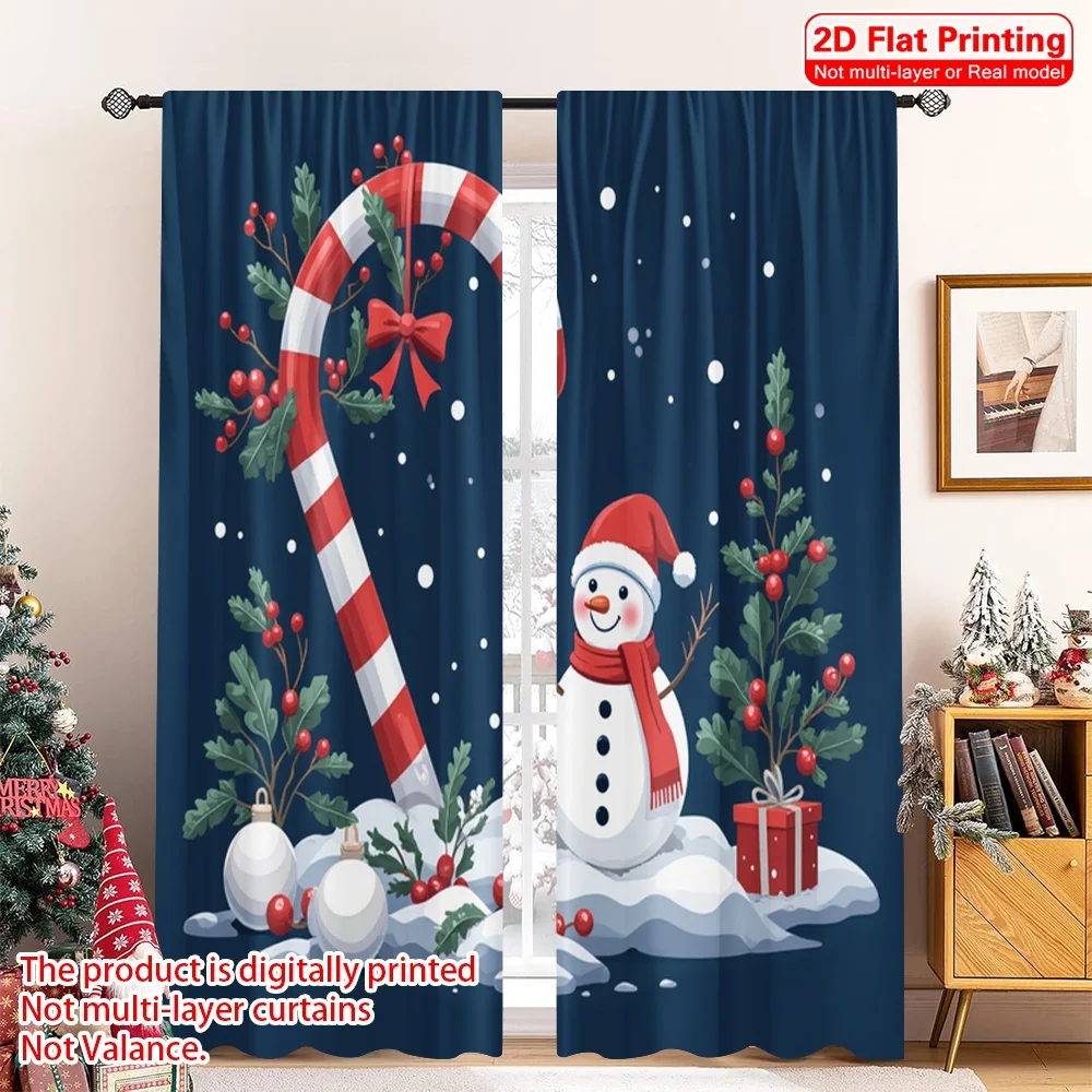 2pcs 2D flat printing Christmas Window Curtains Christmas Candy Cane Snowman Wreath 100% Polyester Fabric Without Electricity
