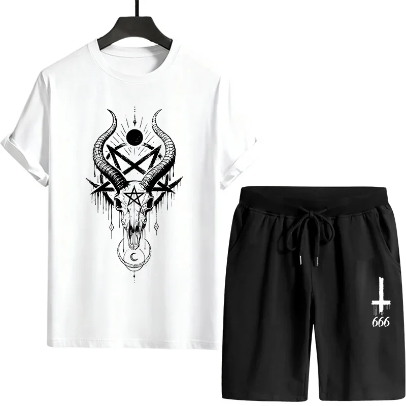 

Мужской спортивный костюм 2026: футболка с круглым вырезом и черные шорты с принтом «Сатана», комплект для весны/лета, повседневный мужской комплект с коротким рукавом