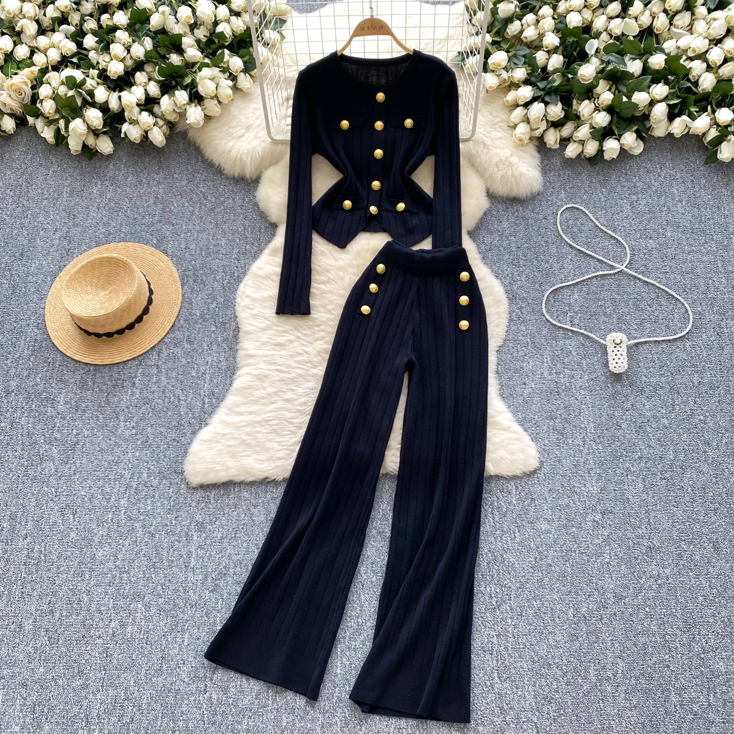 Autumn Elegant Slim Two Pieces Sets Women Metal Buckle O-Neck Sweater High Waist Wide Leg Pants Knitted Sets J414